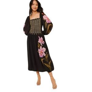 Farm Rio Long Sleeve Midi Dress Square Neck Floral Black‎ Size Medium Tropical